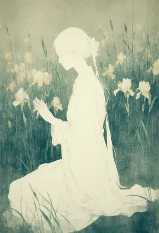 A ghostly white silhouette of a young woman kneeling in a field of glowing irises, rendered in soft muted tones with Art Nouveau and Japanese woodcut style influences.