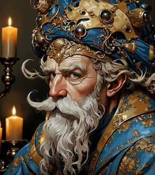 Highly detailed portrait of an elderly man with a long white beard wearing a blue embroidered robe and an ornate golden crown, illuminated by candlelight.