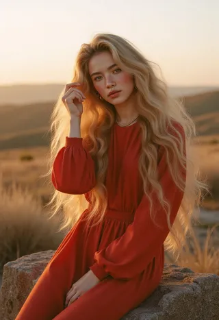 A cinematic portrait of a woman with flowing orange blonde hair sitting on a rock at golden hour, bathed in warm sunset light with serene atmosphere.