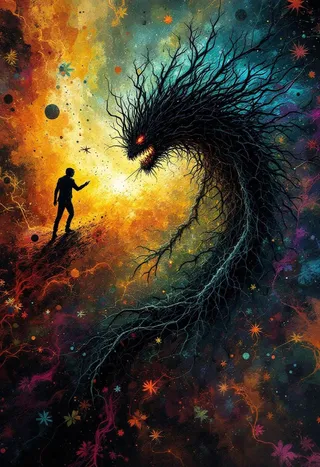 A cosmic scene featuring a silhouette of a man confronting a gigantic fractal shadow creature with glowing red eyes and branch-like extensions on a colorful starry background.