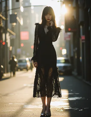 Full-body shot of a female vampire wearing a black lace dress standing on an urban street illuminated by soft evening glow and sun rays.