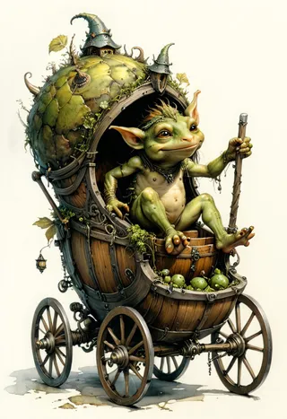 A detailed fantasy troll sitting in a wooden barrel carriage with a greenish mossy dome, holding a staff and surrounded by small green fruits.