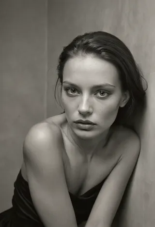 Black and white portrait of a natural woman with soft studio lighting, looking intently at the camera.