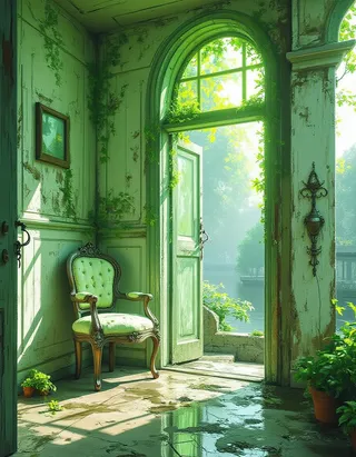 Baroque style room with a vintage green armchair beside an open door showing lush greenery and a water body outside in bright sunlight.