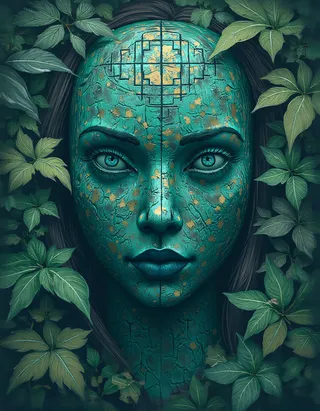 A hyper-detailed blue faience decorative ceremonial mask with tessellated patterns and gold leaf accents, surrounded by natural green leaves in a gothic medieval art style.