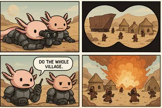 Four-panel comic featuring two armored axolotls observing a jawa village on a sandy planet, issuing commands via radio, culminating in a large explosion in the village.