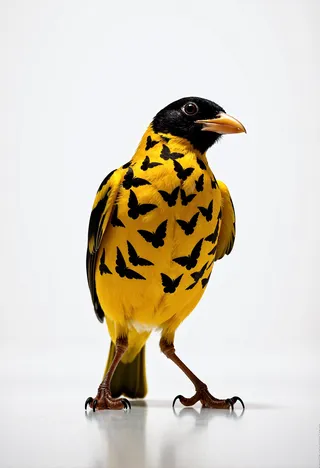 Photorealistic golden oriole bird with black butterfly-shaped patterns on its yellow feathers against a clean white background.