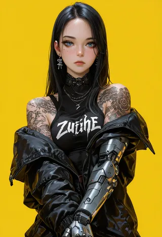 A photo-realistic digital portrait of a young woman with black hair and blue eyes, displaying intricate arm tattoos, wearing a black tank top with 'zuhl' printed on it, a black jacket, and a mechanical cyborg right arm against a solid yellow background.