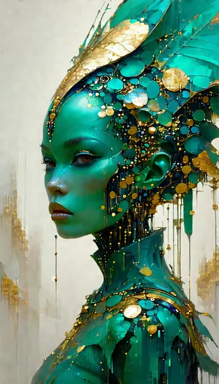 Retrato até a cintura de uma figura alienígena etérea com pele verde-azulada adornada com moda cybergoth intrincada com detalhes dourados, em estilo de foco nítido com fundo de névoa zentangle.
