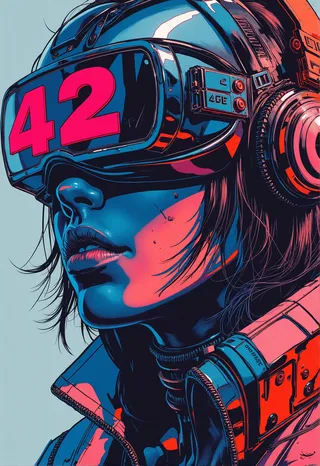 Close-up portrait of a female android wearing a VR visor displaying the number 42 in neon pink, illustrated in a cyberpunk graffiti style with bright neon colors and high contrast.