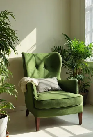 Sunlit green armchair beside a bright window surrounded by lush potted green plants in a minimalist cozy room.
