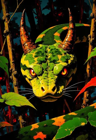 A surreal green viper with devil’s horns coiled and ready to strike, glowing crimson eyes, emerald and gold body pattern surrounded by jungle foliage and vines.