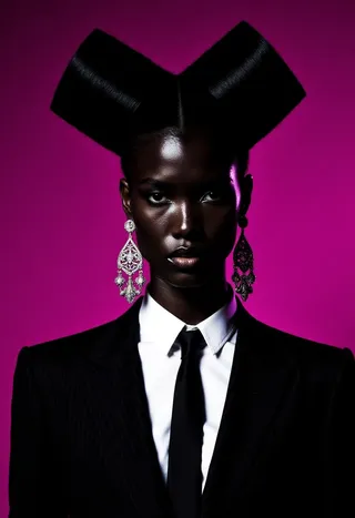High-fashion portrait of a dark-skinned woman with geometric, sculptural hair styled in two inverted triangles, wearing a black pinstriped suit, white shirt, slim black tie, and large ornate metallic earrings, against a magenta to violet gradient background with dramatic lighting.