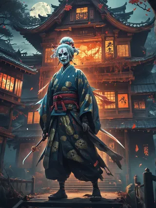 A Japanese dead noble Goryo spirit dressed in traditional kimono with katana, standing in front of a glowing haunted house under a full moon.
