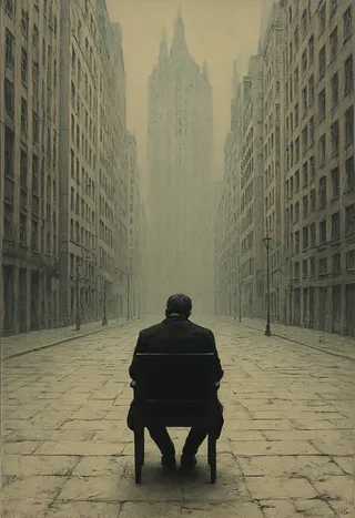 Przygnębiony mężczyzna siedzący na krześle na środku pustej ulicy miasta otoczonego wysokimi, ponurymi budynkami w stonowanych kolorach, wywołujący kafkaesque surrealistyczny realizm i egzystencjalne napięcie.