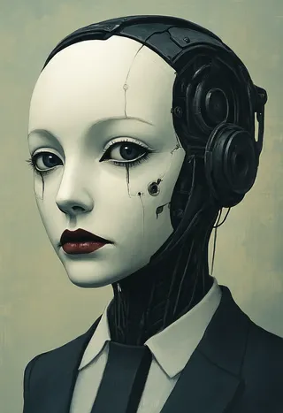 Portrait of a female robotic face rendered in a Kafkaesque surreal realism style, with pale mechanical features and a dark suit, evoking psychological tension and bleakness.
