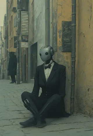 A female robot wearing a tuxedo sits cross-legged on a deserted street corner, captured in a Kafkaesque, surreal realist style with muted colors and a bleak, oppressive mood.
