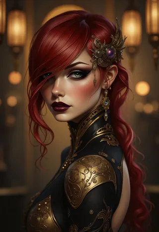 Portrait of a redhead bartender with green eyes wearing ornate black and gold Art Deco style armor, set against a warm, softly lit background.