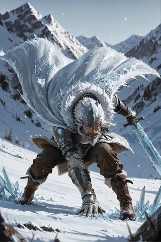 Snow-covered warrior in fur-lined cloak and metal armor crouching on a frozen tundra, holding an ice-encrusted sword with mountains in the background.