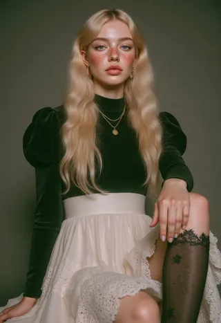 Portrait of a blonde woman with pale skin and freckles, wearing a fitted black dress, white silk lace apron, and black lace stockings, sitting with one knee raised in front of a neutral background.