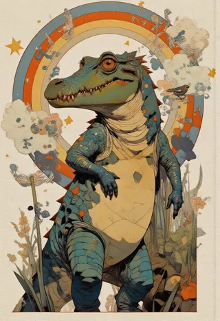 A whimsical crocodile standing upright with detailed blue-green scales, set against a pastel rainbow backdrop with sparkling musical notes and a small bird nearby.