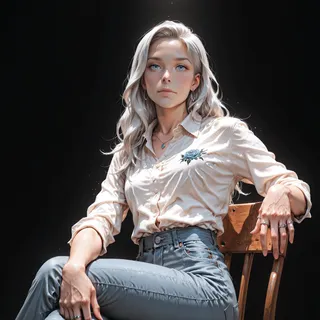 Portrait of a woman with ashen gray messy hair wearing a loose white shirt with a blue rose embroidery and blue jeans, sitting on a wooden chair against a black background with dim lighting and detailed pale blue eyes.