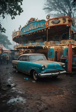 A vintage blue car covered in dust sits in front of an old, rundown carnival ride with faded blue and orange colors, surrounded by muddy ground and misty trees.