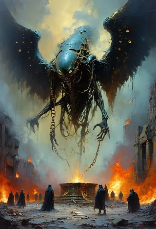 A levitating alien beast shaped like a twisted seraph with wings made of fragmented starship hulls, burning eyes orbiting its head, bound by golden chains to a crumbling reactor altar as cultists throw ash and embers in the air.