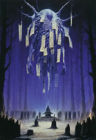 A bloated, floating creature covered in hanging parchment strips and sealed eyes, tattooed with vanishing symbols, hovers above a void altar surrounded by whispering monks in a dark alien forest, depicted in an oil painting style with deep blues and glowing ivory.