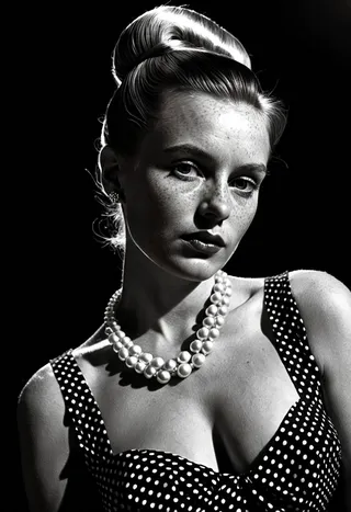 Black and white close-up portrait of a freckled woman wearing a pearl necklace and a polka dot dress with retro hairstyle against a dark background.