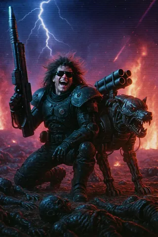 Wild-haired space marine in 80s style armor with sunglasses, holding a large plasma rifle, crouched beside a mechanical war dog with missile rack, on a neon-lit battlefield strewn with alien corpses and lit by lightning and fire.