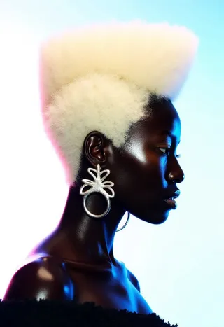 Profile portrait of a dark-skinned person with tall platinum blonde hair shaped conically, wearing a large ornate metallic flower earring, against a pastel blue and white gradient background with soft lighting.
