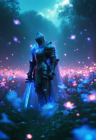Ghostly knight clad in spectral armor standing in a field of glowing, luminescent flowers with a dreamy, ethereal blue and purple ambiance.