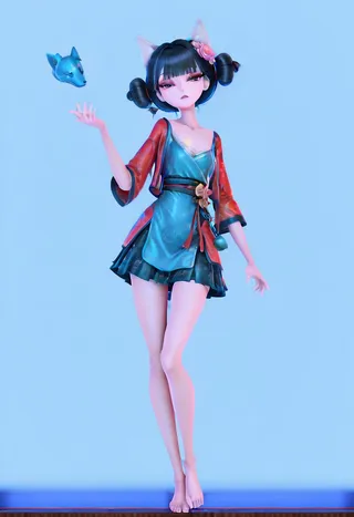 3D semi-realistic character Baoqing Fangzhu with black double hair buns, fox ears, red eyeshadow, colorful Chinese clothes, barefoot against light blue background.