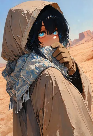 Close-up anime portrait of a black-haired woman with glowing blue eyes wearing a hooded light brown robe and a patterned blue scarf in a desert setting.