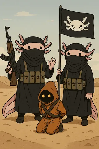 Cartoon axolotl characters dressed in black robes with tactical gear, one holding a pole with a black flag displaying a white axolotl design, standing over a kneeling jawa wearing an orange jumpsuit in a desert setting.