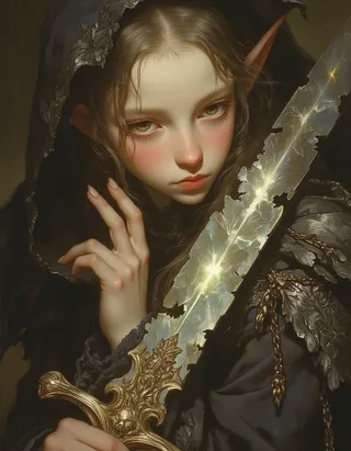 Close-up oil painting of an albino petite teen elf paladin holding a shimmering glowing glass sword, wearing dark, scratched armor with pointed elf ears and delicate features.