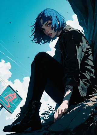Digital art of a young woman with vibrant blue hair sitting in a dynamic pose against a bright sky, wearing a leather jacket and black boots, with a moody and dramatic atmosphere.