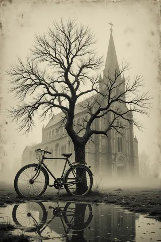 Sepia-toned scene with an English Gothic church silhouetted against a foggy background. A bare tree stands prominently in the foreground with a bicycle leaning against it, their reflections visible in a puddle.
