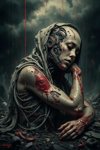 A hyper-realistic digital painting of a wounded female cyborg with exposed mechanical parts and bruised skin, drenched in blood-red rain under a stormy sky, wearing a tattered cloak on a desolate battlefield.