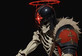 Skeleton warrior wearing a dark fantasy helmet with a glowing red halo, black background, red pauldron, fur shoulder, and hollow eyes with a closed mouth.