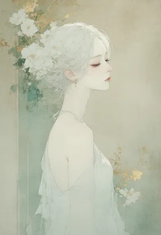 Luminous portrait of a serene woman with short platinum hair framed by delicate floral motifs, blending Art Nouveau elegance with Japanese woodblock style.