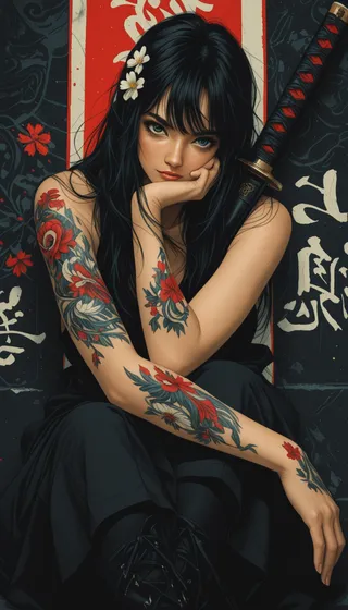 Portrait of a tattooed woman with long black hair and blue eyes, sitting against a red and white Japanese-style background, holding a katana and displaying intricate floral tattoos on her arms.