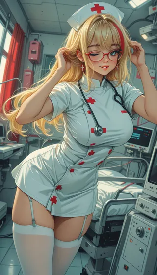 Anime-style nurse wearing a white uniform with red crosses, glasses, and long blonde hair, standing in a detailed hospital room with medical equipment.