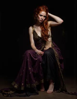 A barefoot red-haired woman wearing a deep purple gown with golden embroidery and bronze clasps, seated with a twisted torso under dramatic chiaroscuro lighting.