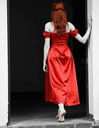 A barefoot woman with long red hair wearing a red satin off-shoulder dress facing away, standing in a doorway against a dark background.