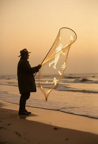 Silhouette of a fisherman in vintage coat casting a glowing net on a sepia-toned beach at dusk, catching luminous ghostly figures above gentle waves.