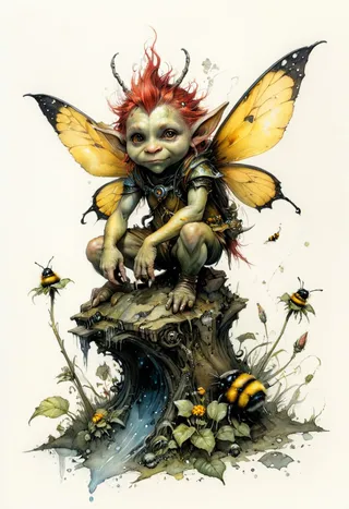 A fantasy troll with red hair and butterfly-like orange wings crouches atop a detailed tree stump surrounded by bumble bees and flowering plants.