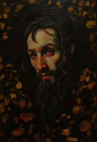 Oil painting portrait of a futuristic alien in Rembrandt style with dramatic baroque lighting and dark background featuring highly realistic textures and shadow play.