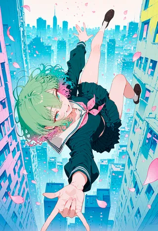 Girl with green hair and a school uniform falling through an industrial cityscape with pink petals floating around.